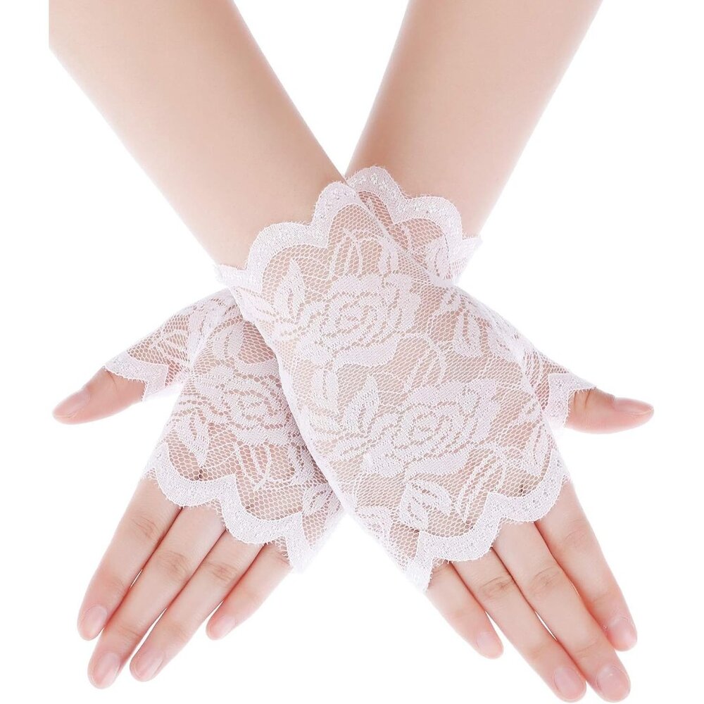 Women's White Floral Short Lace Fingerless Gloves Wedding Party Accessories
